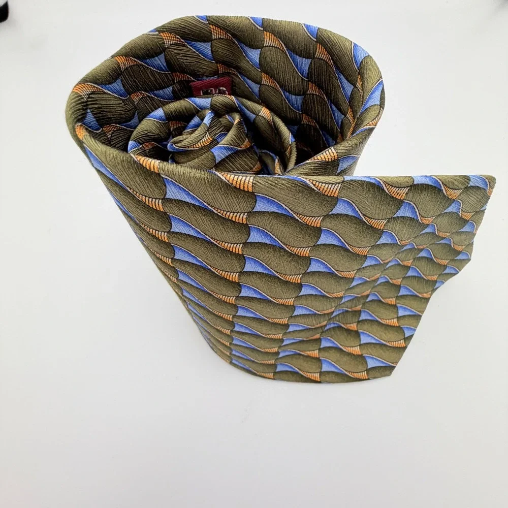Jos. A. Bank Corporate Collection Silk Tie Olive Green Blue Geometric Wave Mens